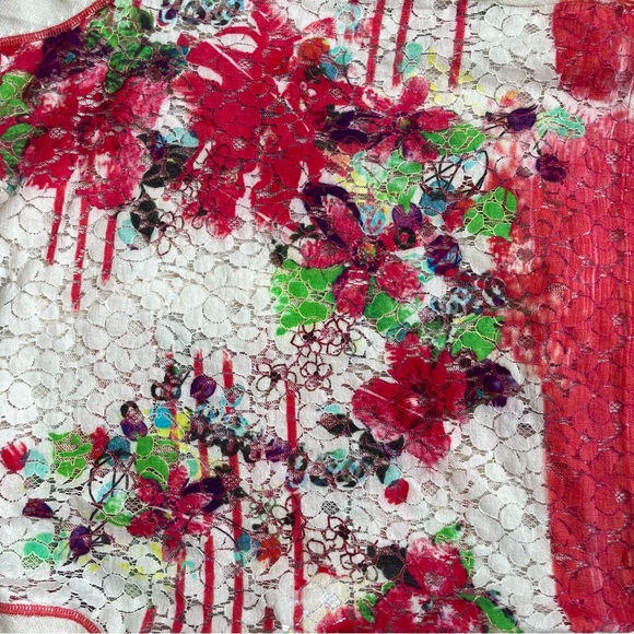 Floral Lace-Back Button Front Cardigan Sweater - White & Red Linen Blend - Picture 15 of 15